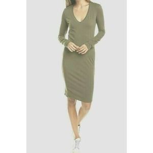 James Perse Women's V-Neck Cotton Stretch Knit Long Sleeve Dress - Olive